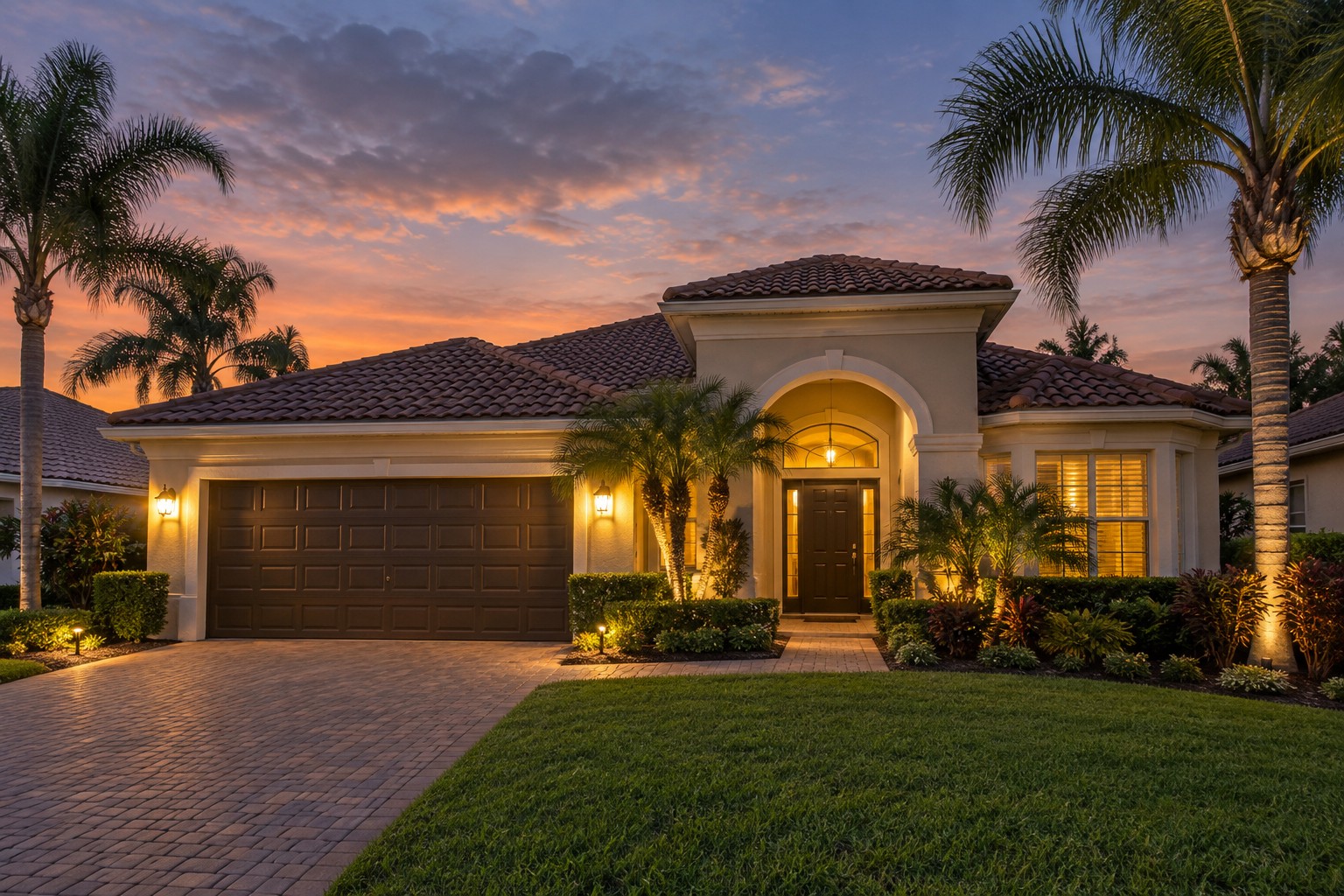 A Central Florida home exterior at dusk, illustrative