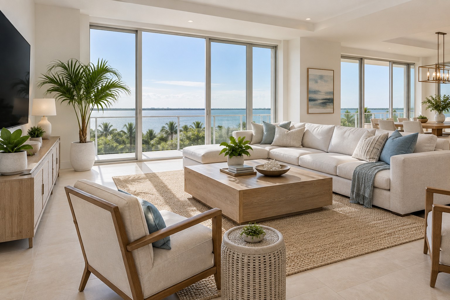 A bright Central Florida living room with water views, illustrative